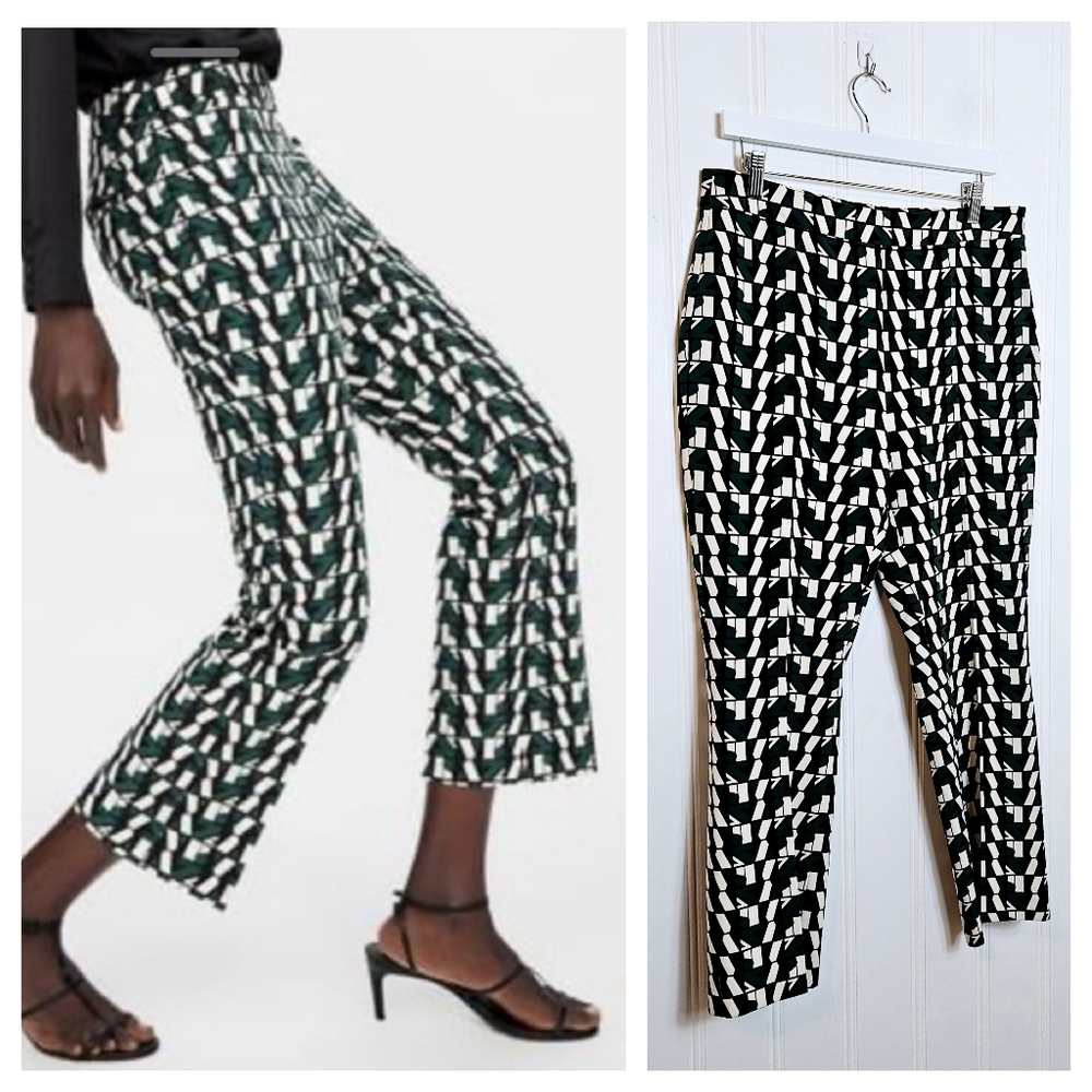 Zara Trousers L Geometric Print High Waist Kick Flare Crop Green Black White